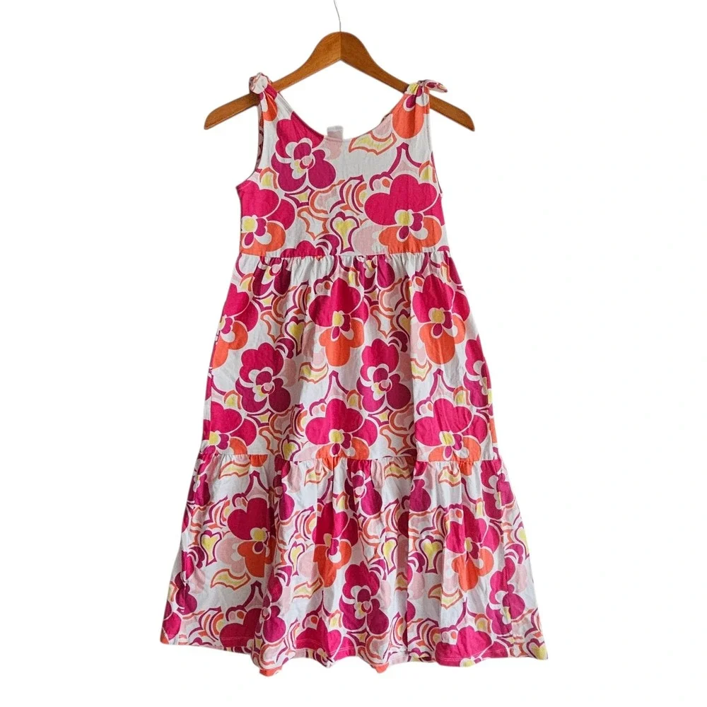Gymboree Floral Dress Tiered Sleeveless Tie Strap Casual Pink Orange L 10 12 Yea